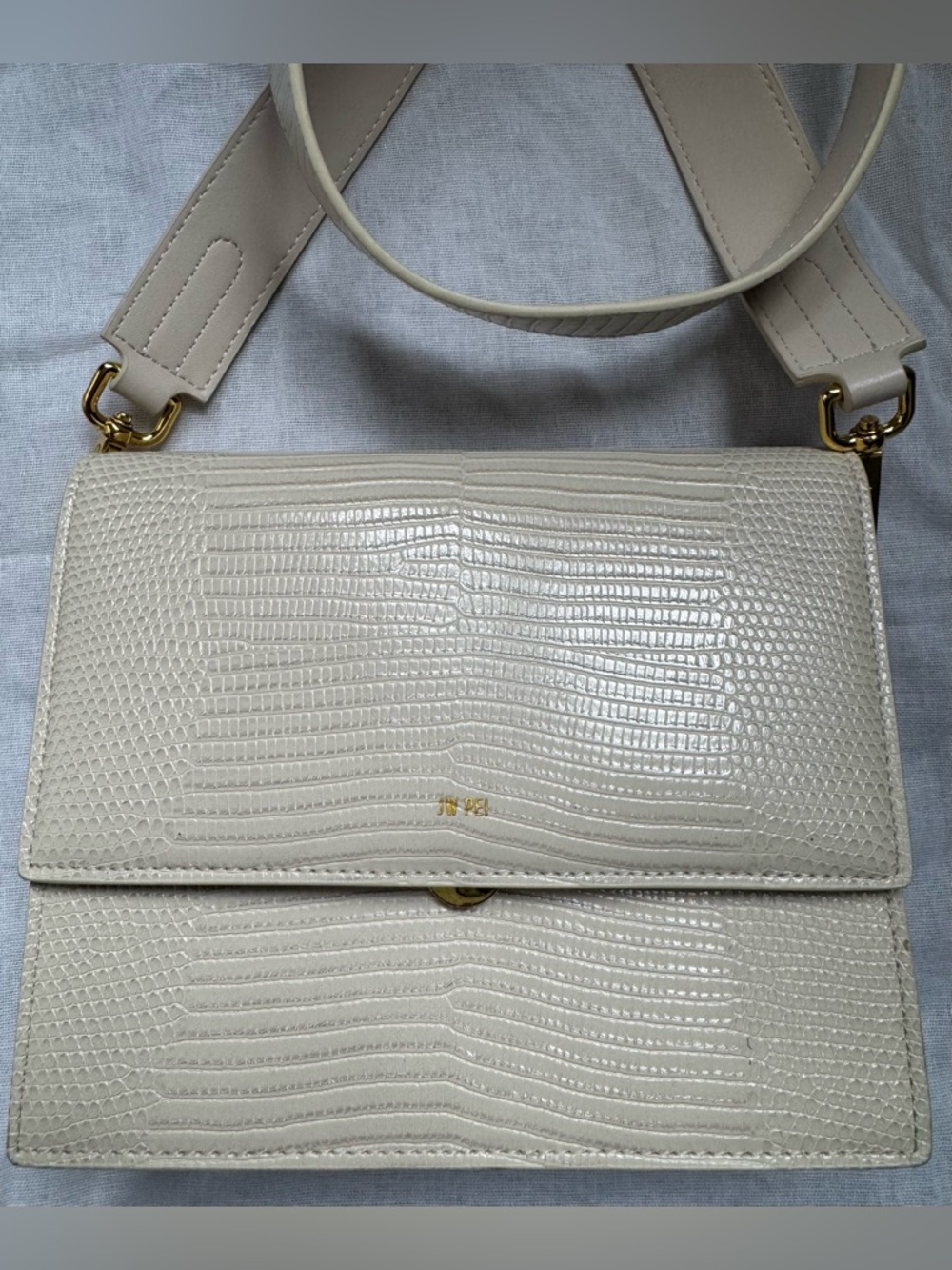 JW PEI Ivory Faux-Croc Shoulder Bag with Gold Hardware